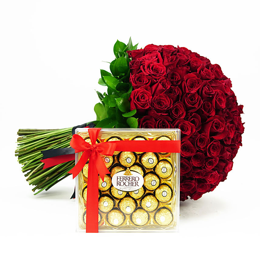 كومبو بوكيه ورد أحمر فخم مع شوكولاتة فيريروروشيه: هدايا عيد الحب البحرين