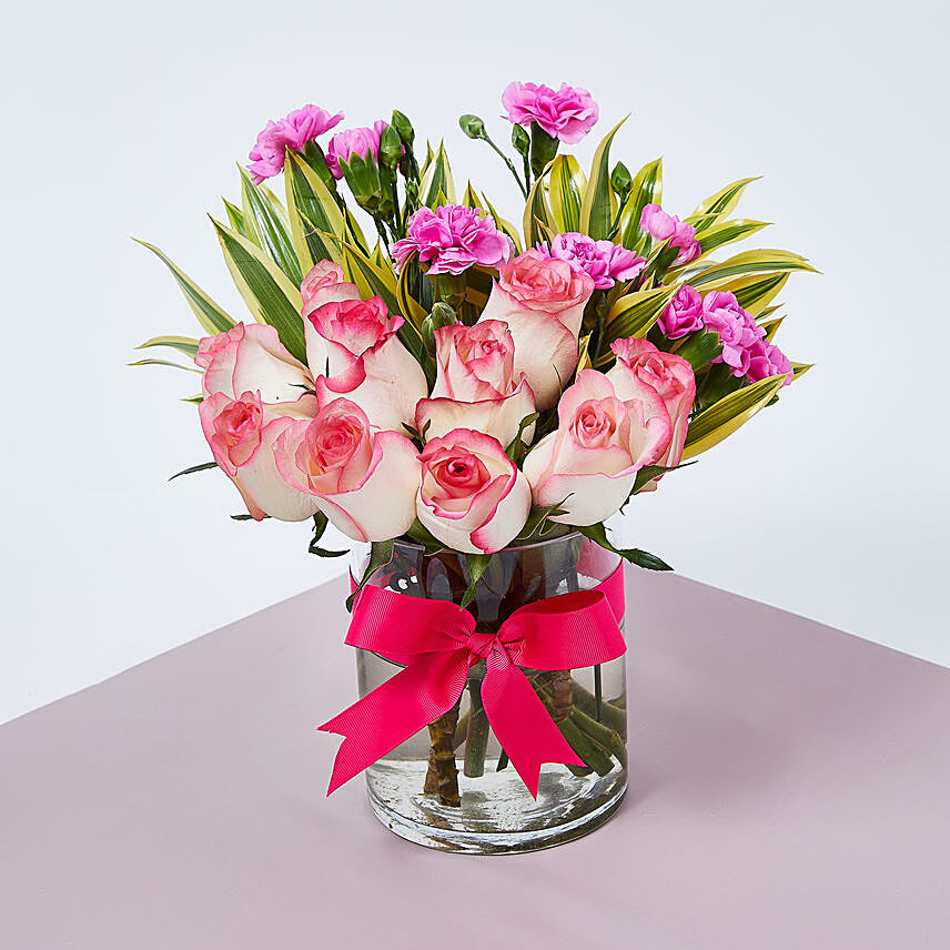 Dual Shade Roses And Carnations In Vase: 