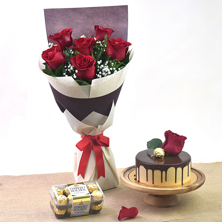 Half Kg Cake With 6 Roses Bouquet And Ferrero: Fathers Day Gifts to Bahrain