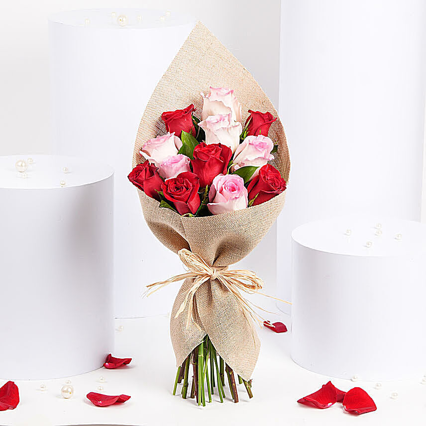 6 Pink 6 Red Roses Warmth Bouquet: Valentines Gifts Delivery in Bahrain