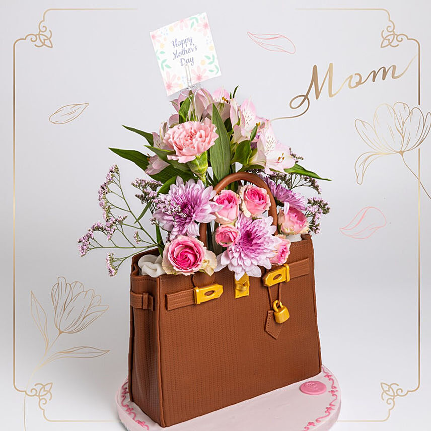 Mothers Day Bag Cake And Flowers: Cake Delivery in Bahrain