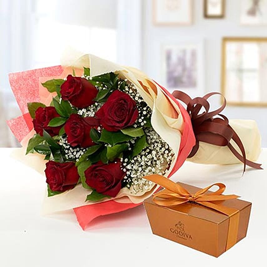 6 Red Roses and Godiva Chocolate Combo: Send Flowers to Bangladesh