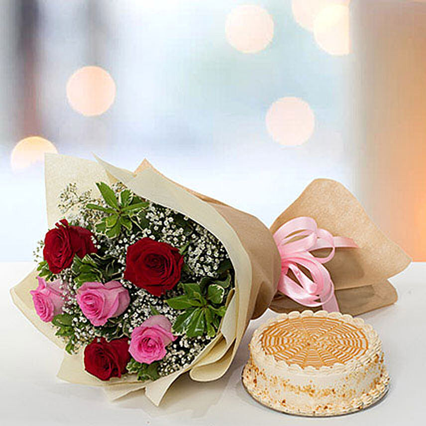 Delightful Roses Bouquet With Butterscotch Cake: Send Gifts to Bangladesh