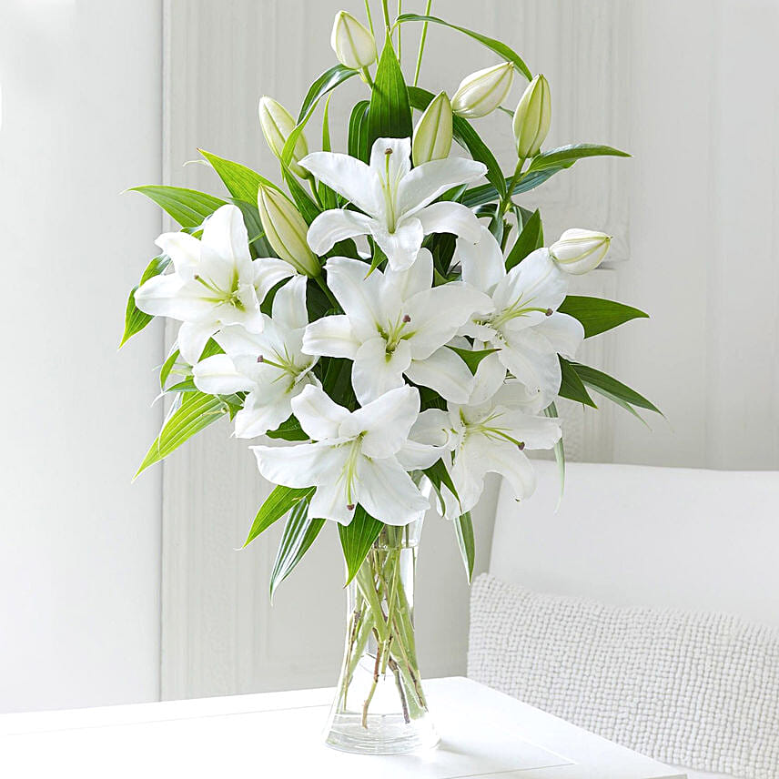 Serene White Lilies In Vase: Fathers Day Gifts to Egypt