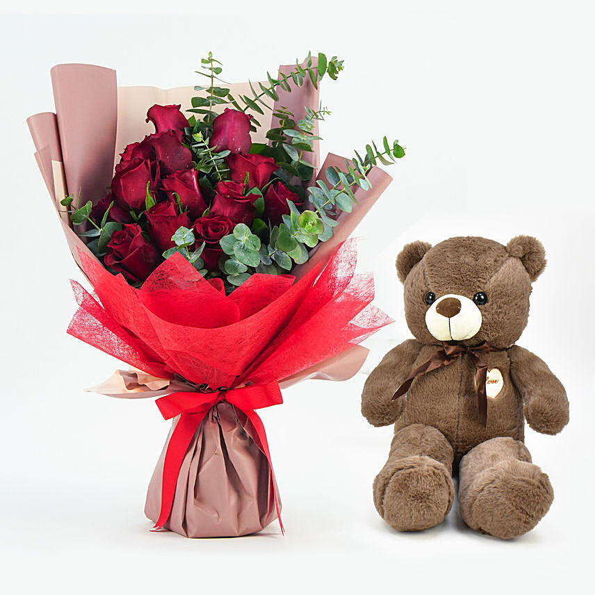 13 Roses Bouquet With Teddy: 