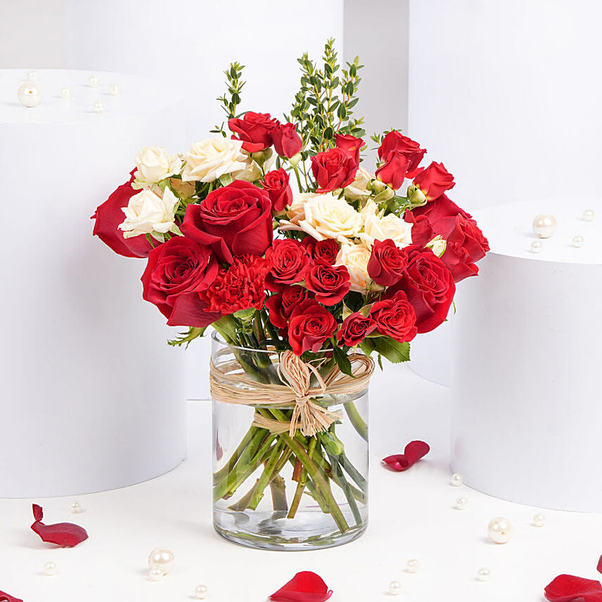 Red and Peach Roses in a Vase: 