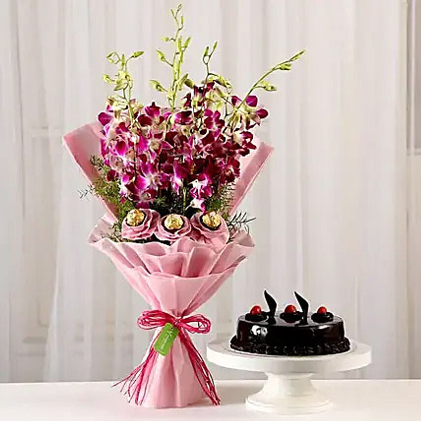 Chocolaty Orchids Bouquet and Truffle Cake: Flower Delivery to India