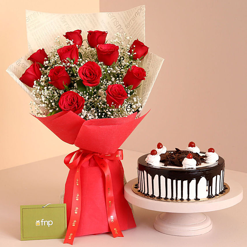 Confetti of Love Red Roses Bouquet And Black Forest Cake: Gift Delivery to India