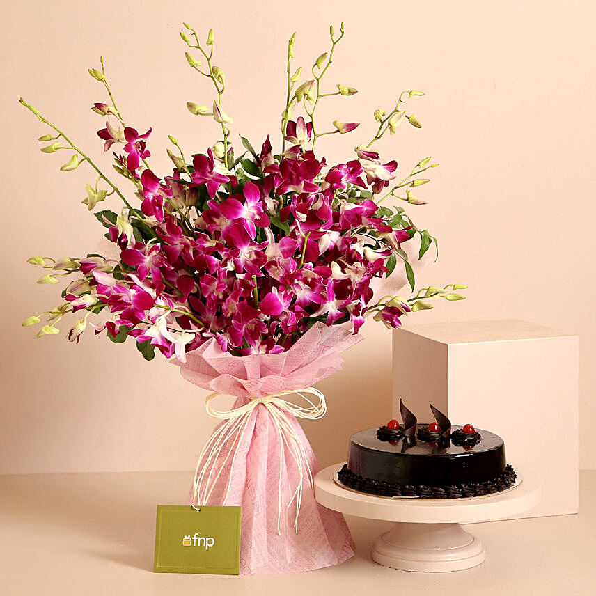 Luxe Love Orchids Bouquet With Truffle Cake:  Cake Delivery In India