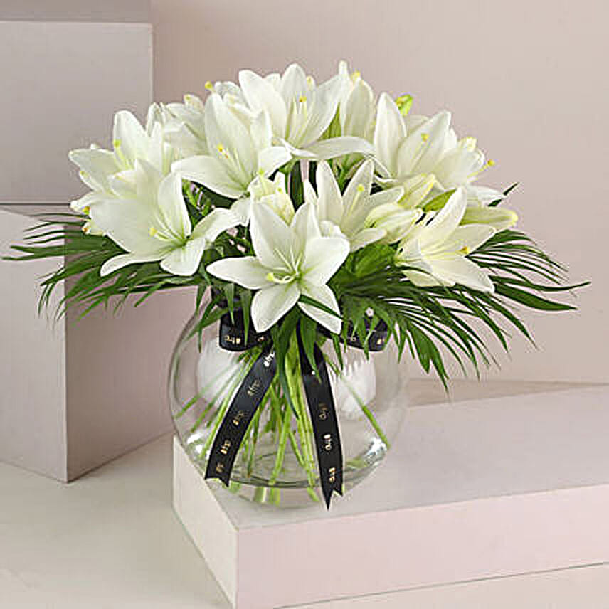 Pure 10 White Asiatic Lilies In Fishbowl Vase: Send Gifts To India