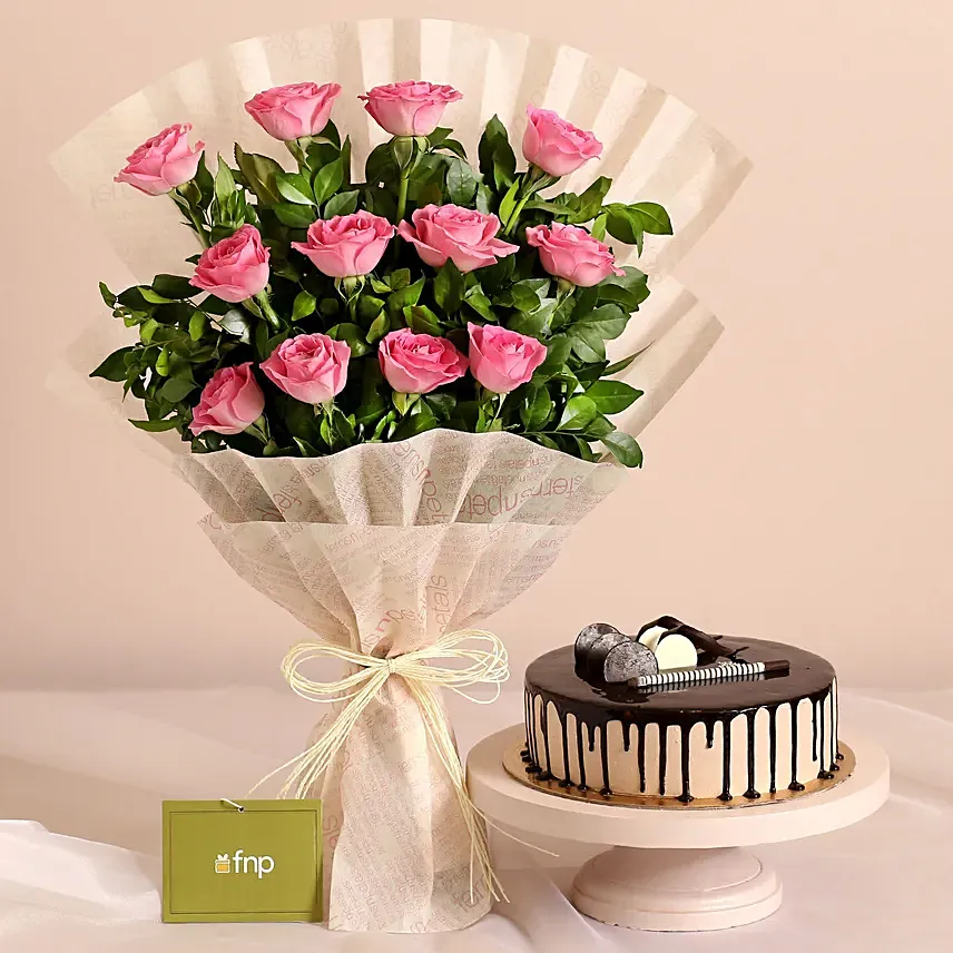 Sweet Memories Pink Roses Bouquet And Chocolate Cake: Send Gifts To India