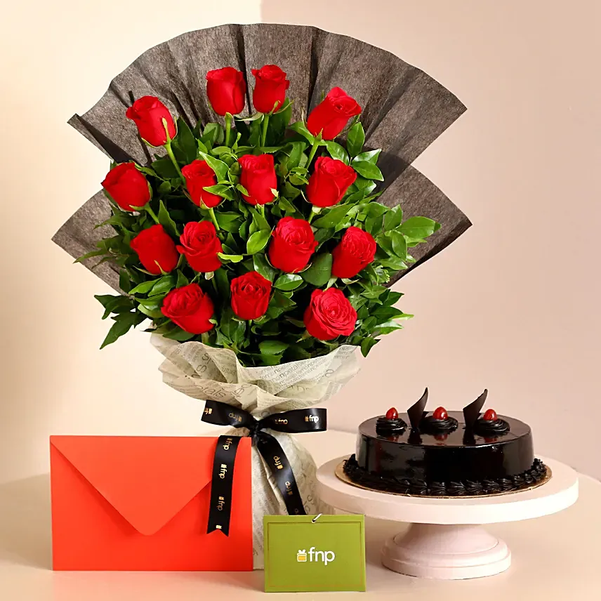 Touch of Luxury Red Roses Bouquet And Truffle Cake: Cake Delivery to India