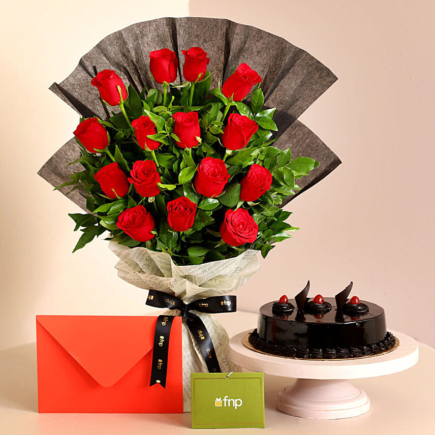 Touch of Luxury Red Roses Bouquet And Truffle Cake: Gift Delivery to India