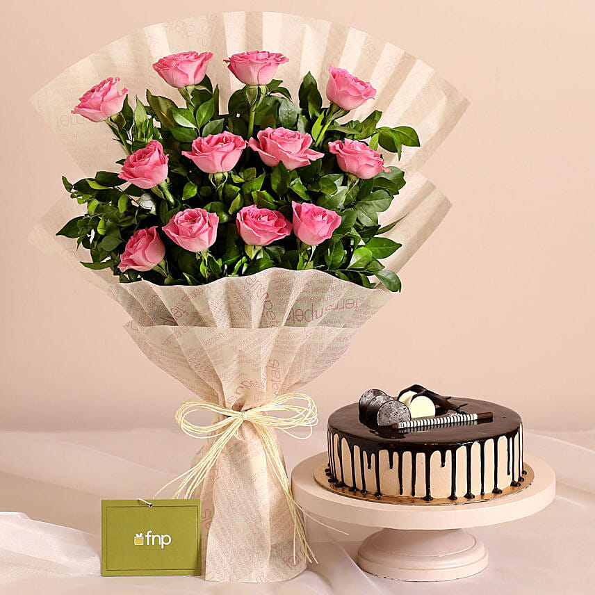 Sweet Memories Pink Roses Bouquet And Chocolate Cake: Send Gifts To India
