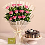 Sweet Memories Pink Roses Bouquet And Chocolate Cake