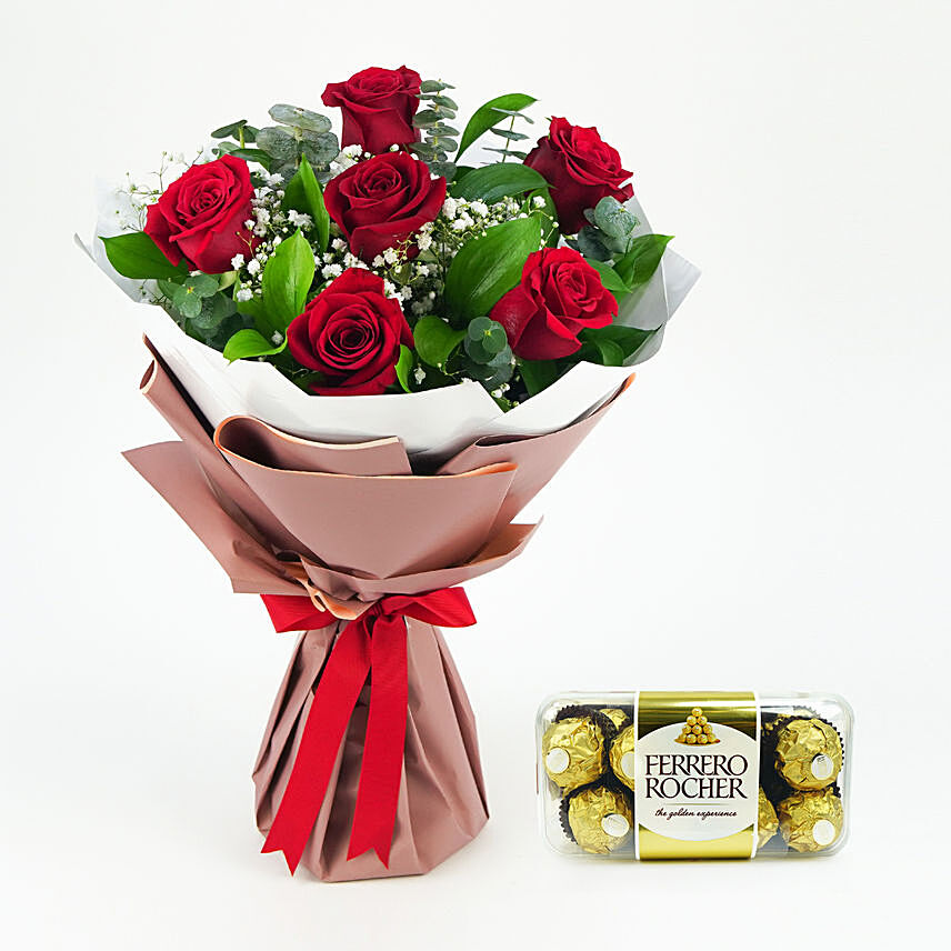 Ferrero Rocher N 6 Red Roses Bouquet: Valentines Gifts Delivery in Jordan