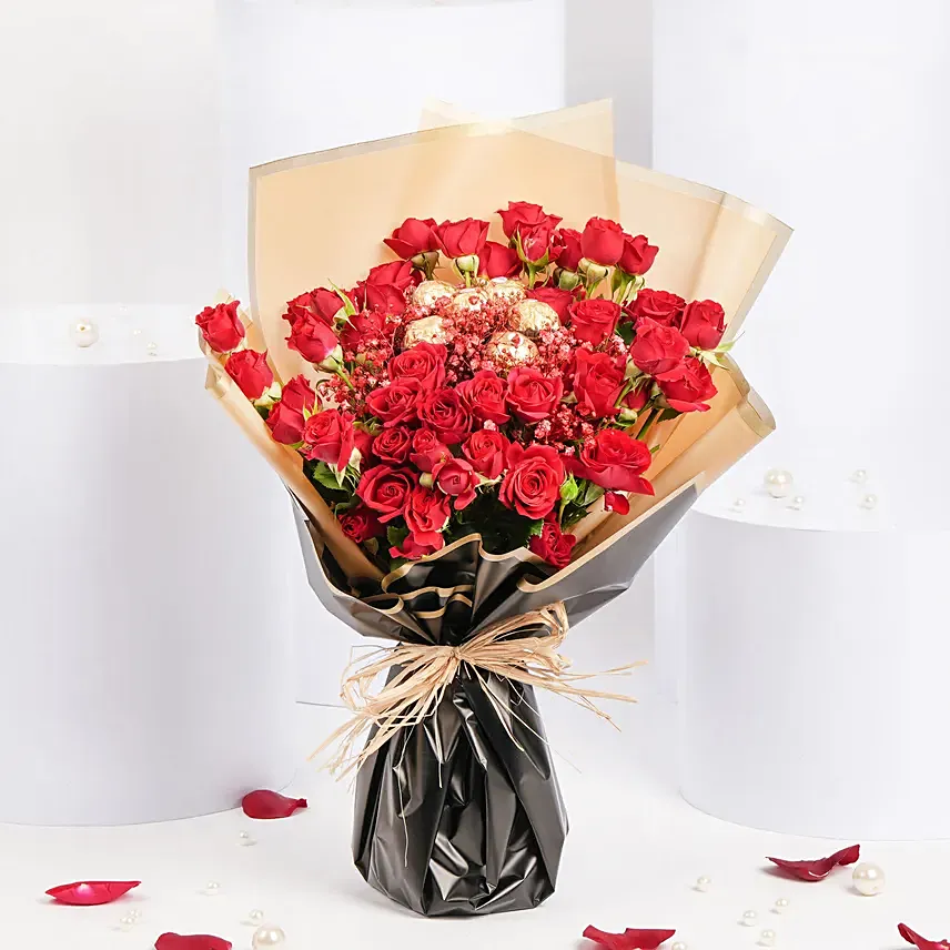 Rochers Bouquet with Red Spray Roses: 
