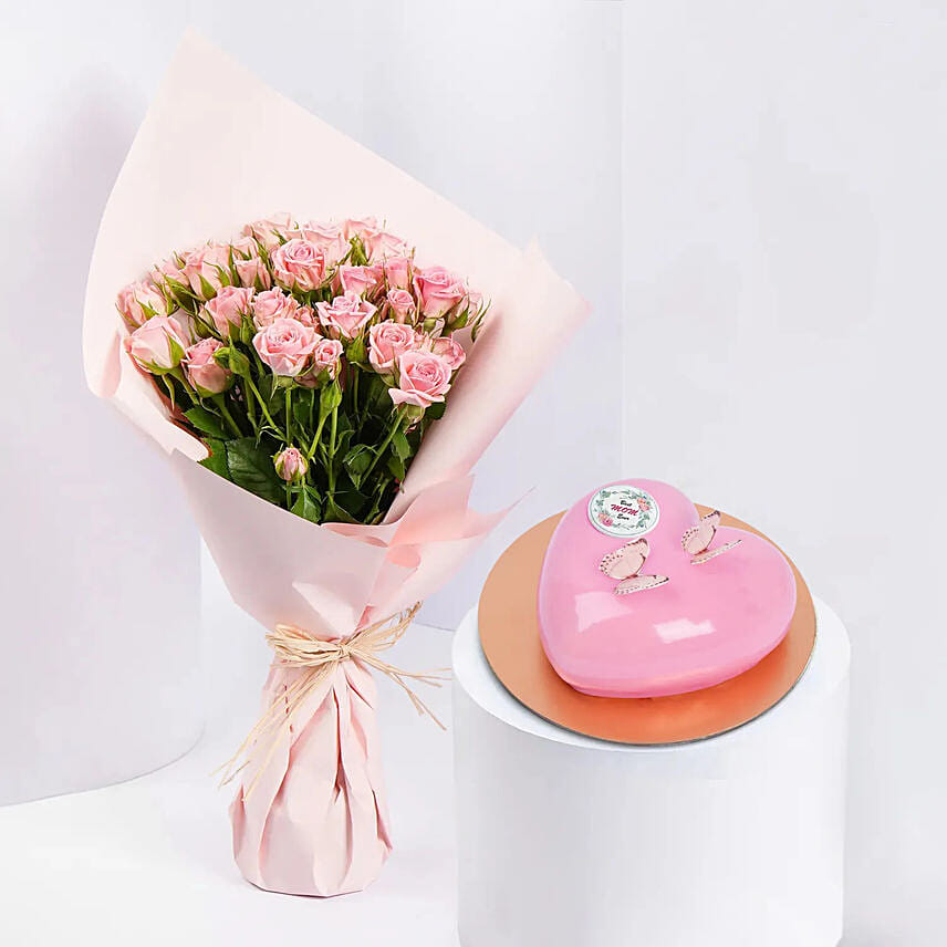 Pink Spray Roses And Cake: هدايا عيد الأم في الكويت