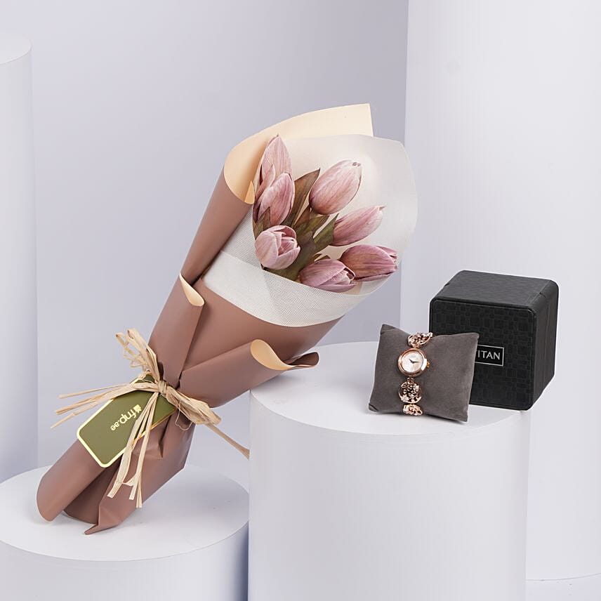 Titan Watch for her: Pink Dial, Tulip Bouquet Gift: Gifts to Wife