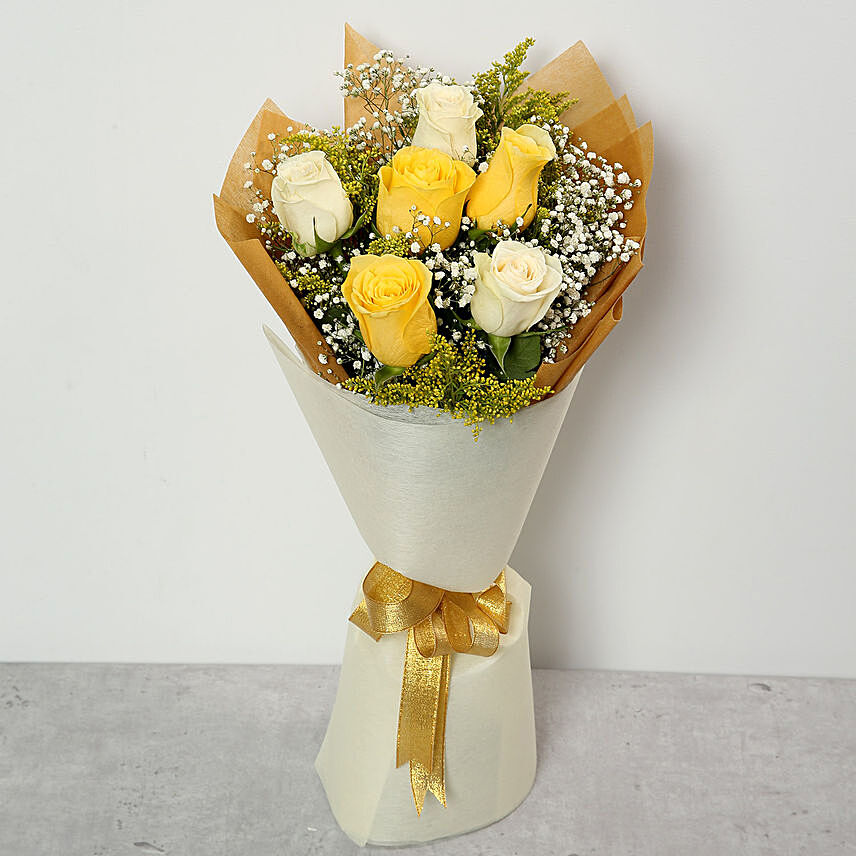 White and Yellow Roses Bouquet: Friendship Day Flowers