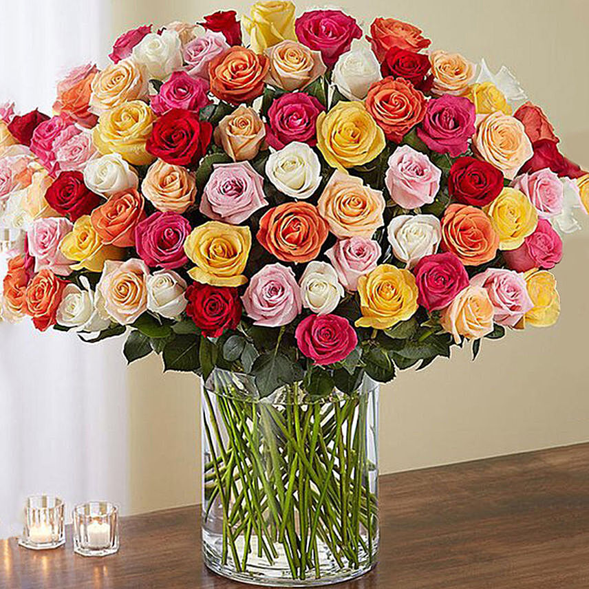 Bunch of 100 Mixed Roses In Glass Vase: Anniversary Flowers for Wife