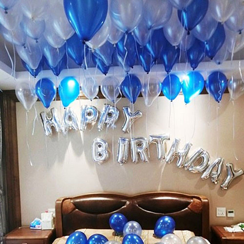 Happy Birthday Blue and Silver Balloon Decor: Balloon Decorations