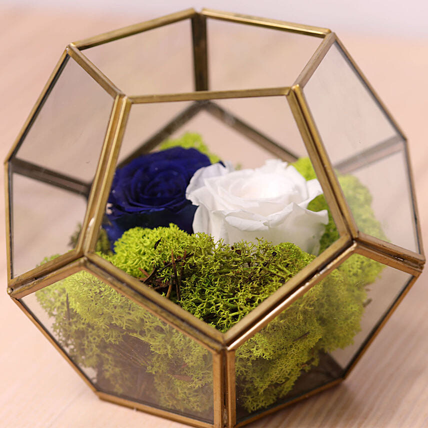 Blue and White Roses In Designer Base: Dried Flower Bouquet