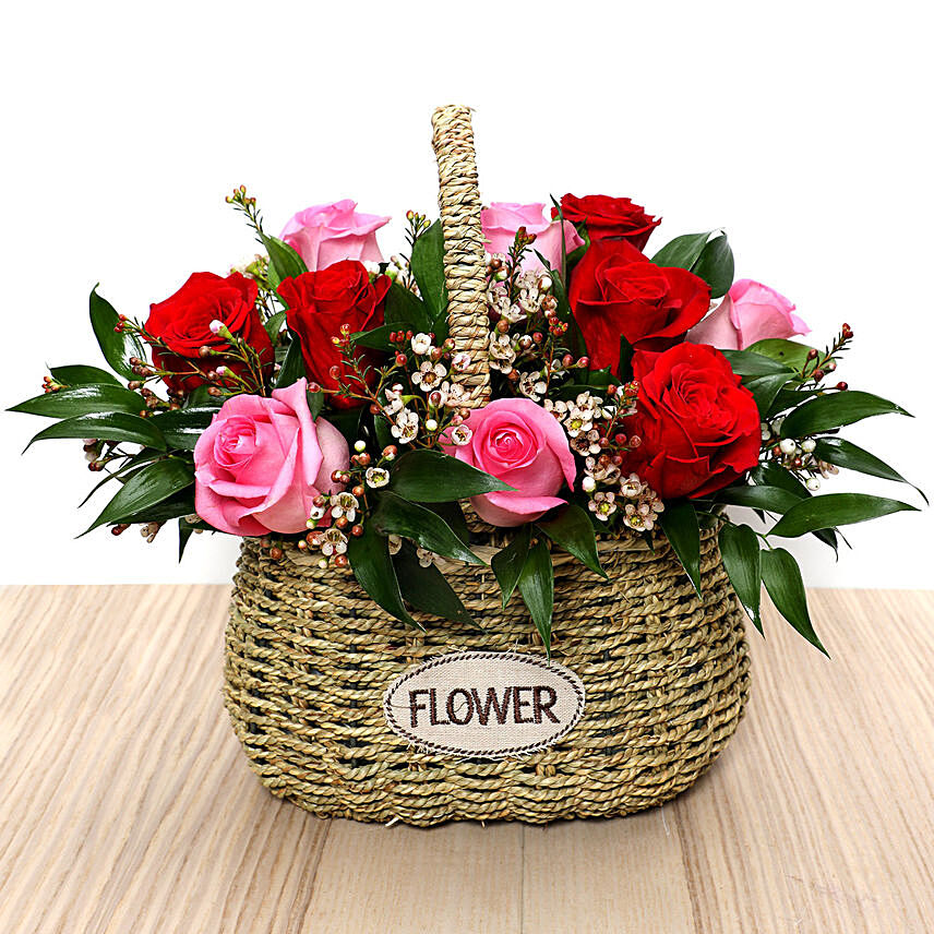 Red and Pink Roses Mini Basket: Birthday Basket Arrangements