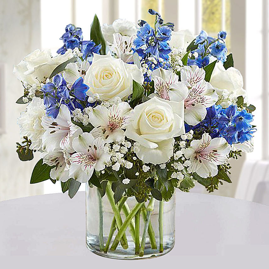 Blue and White Floral Bunch In Glass Vase: Birthday Flowers for Husband