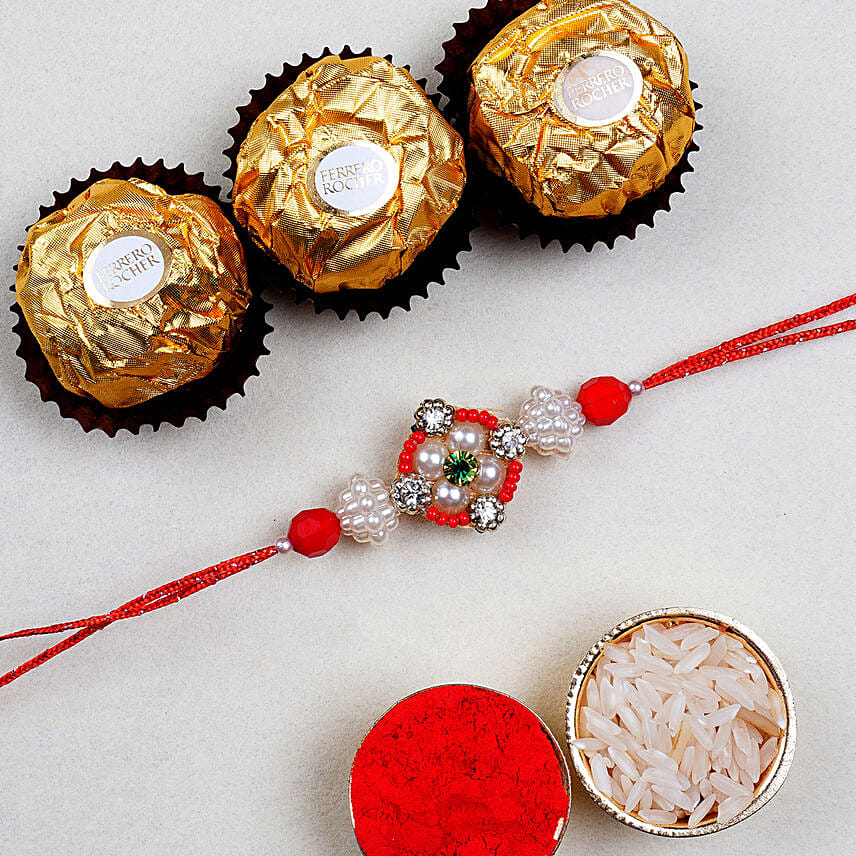 Appealing Floral Rakhi And 3 Pcs Ferrero Rocher: Rakhi
