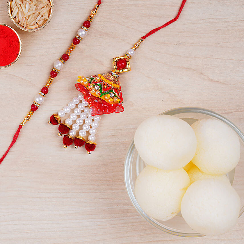 Designer Rakhi Set And Haldiram Rasgulla Tin: Rakhi