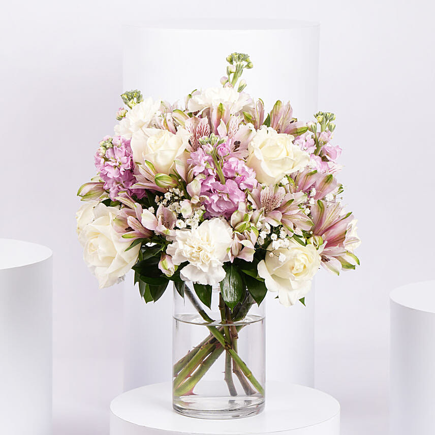 Pink and White Floral Bunch In Glass Vase: Ramadan Gifts to Umm Al Quwain