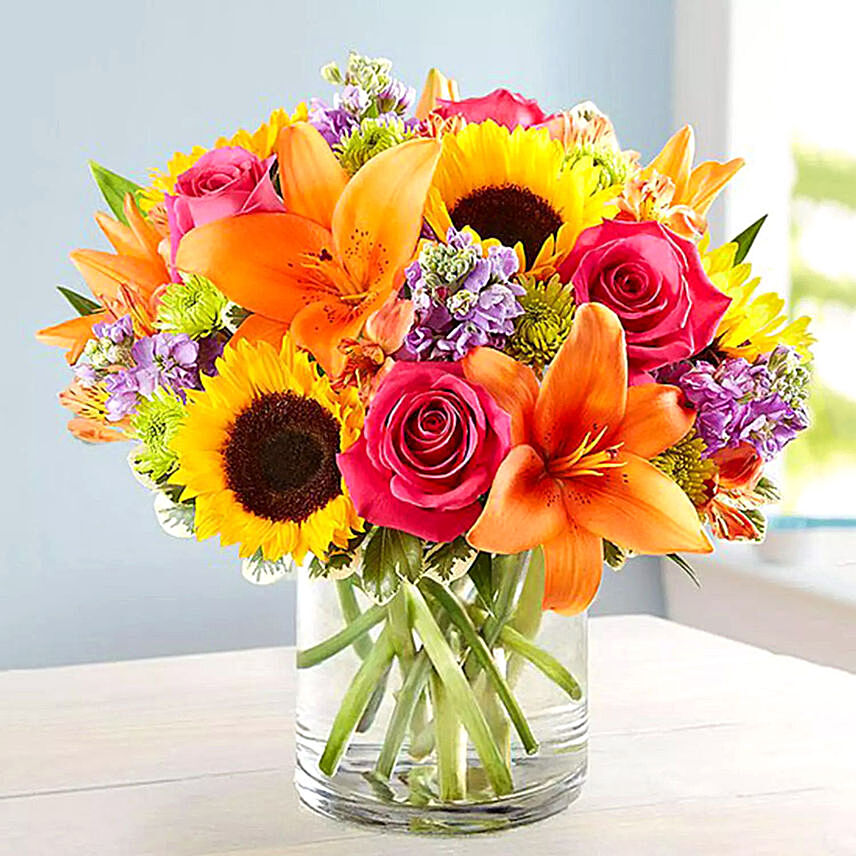 Vivid Bunch Of Flowers In Glass Vase: 
