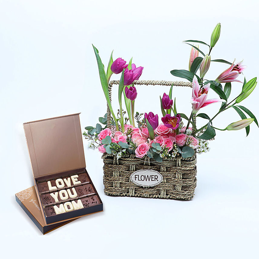 Floral Basket of Love N Care with Chocolates: Basket Arrangements 
