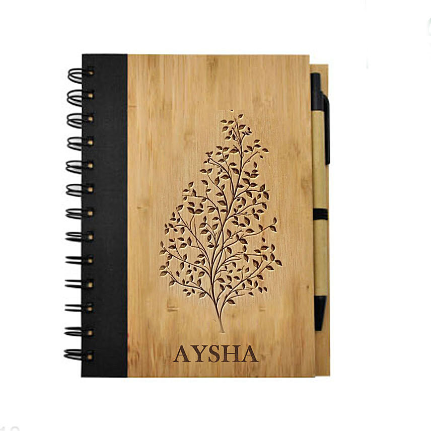 Engraved Text Bamboo Notebook With Pen: Engraved Stationery