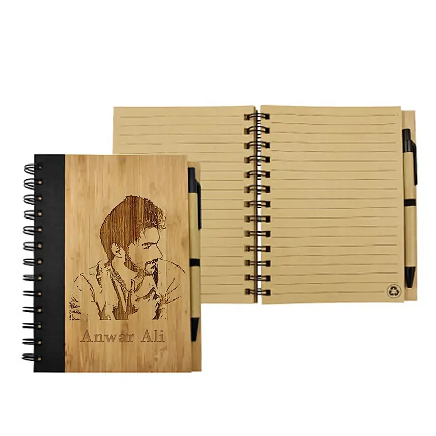 Photo Engraved Bamboo Notebook With Pen: Engraved Stationery