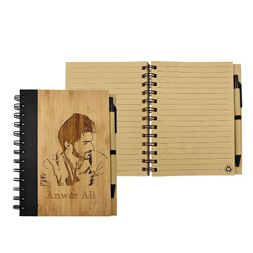 Photo Engraved Bamboo Notebook With Pen: Bhai Dooj Gifts