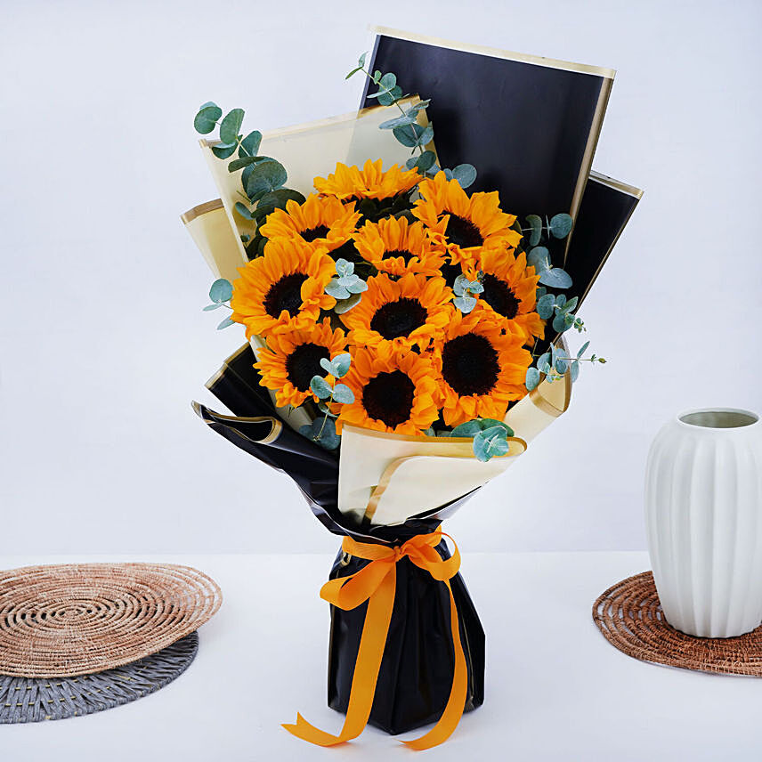 Charismatic Sunflowers Beautifully Tied Bouquet:  Sunflower Bouquets