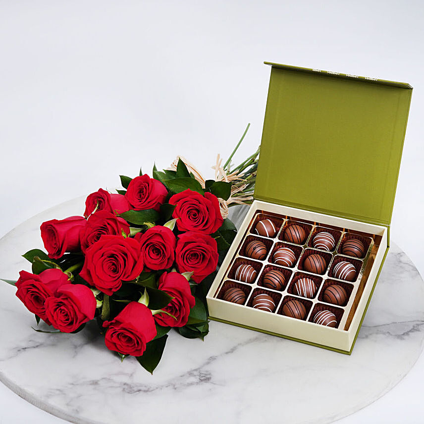 Chocolates and Hand Tied Red Rose Bouquet: Flower Bouquets - 1 Hour & Same Day Delivery