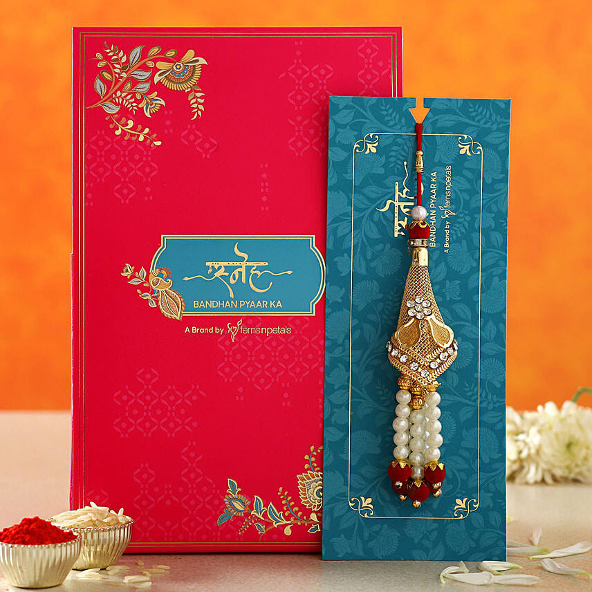 Traditional Pearl Golden Lumba Rakhi: Zardosi Rakhi
