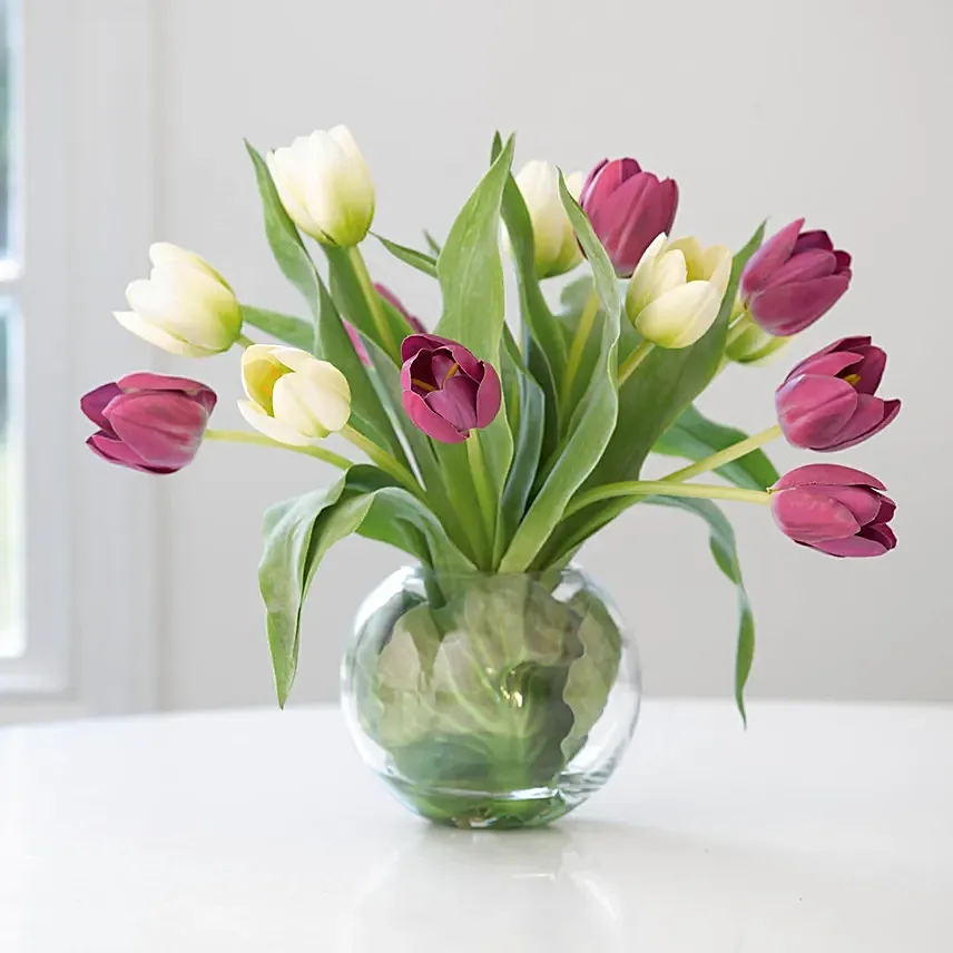 Beautiful Mixed Tulips Glass Vase: 