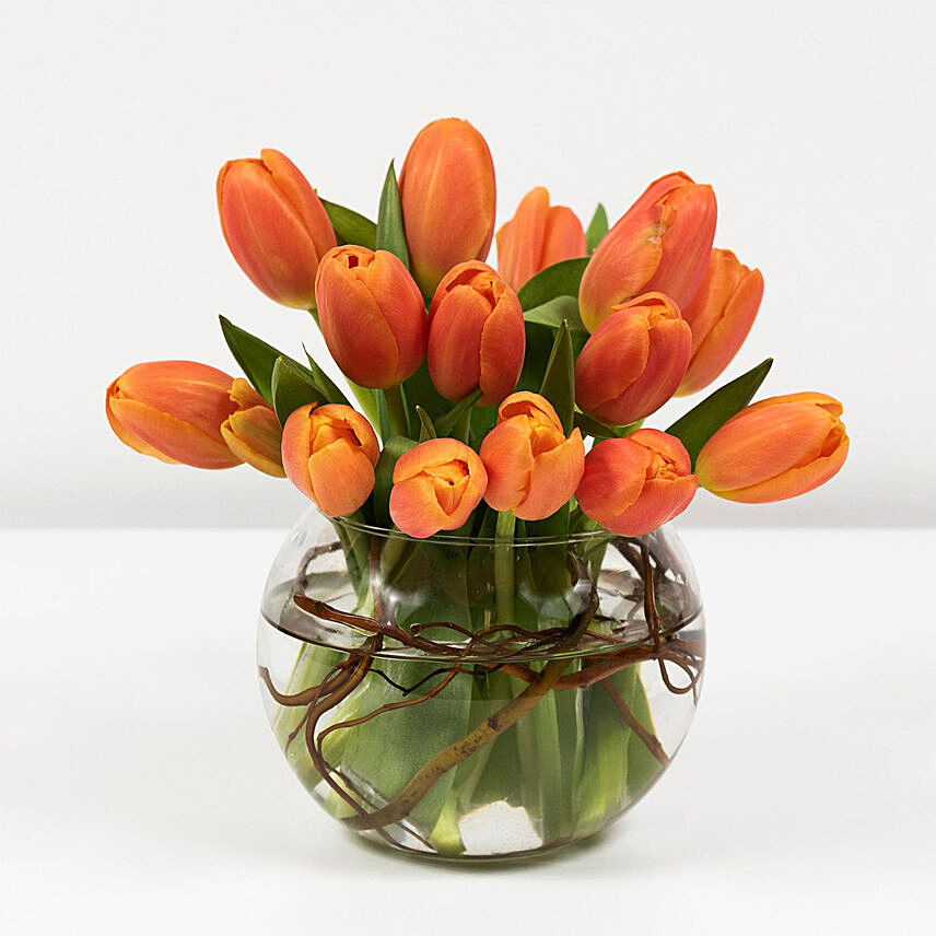Beautiful Orange Tulips Fish Bowl: Grandparents Day Gifts