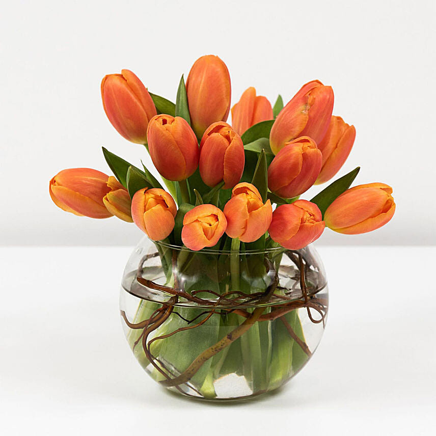 Beautiful Orange Tulips Fish Bowl: Grandparents Day Gifts