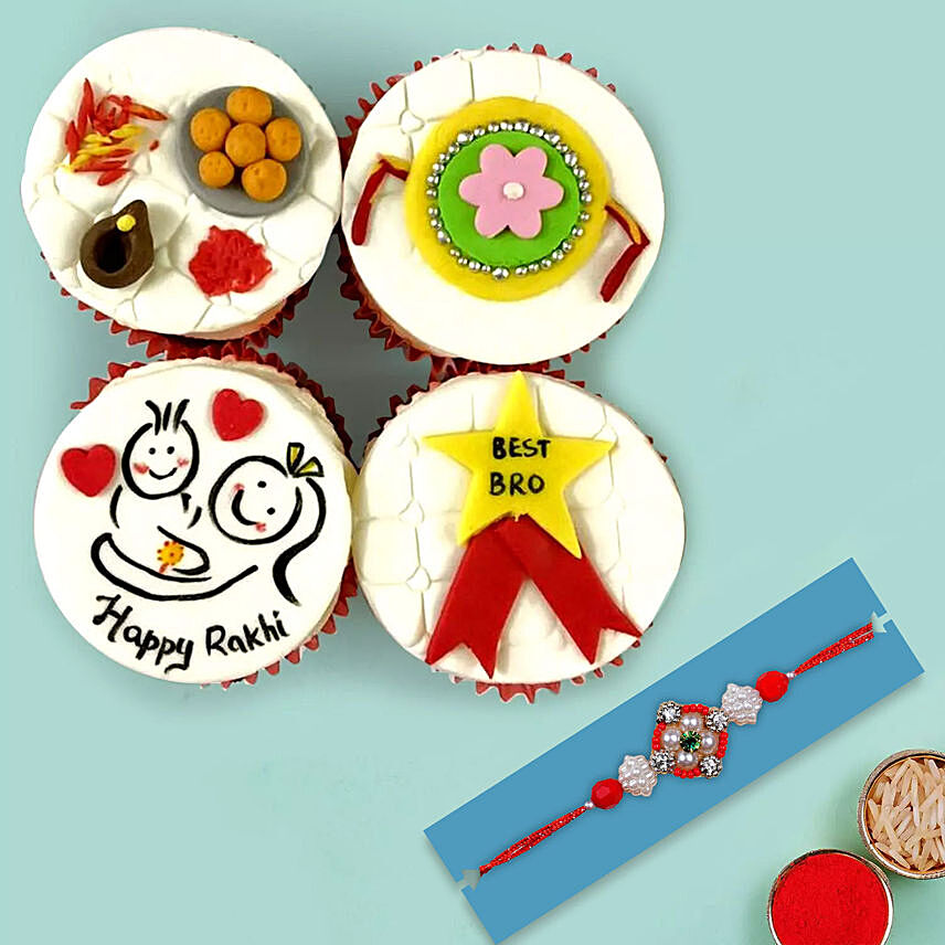 Red Pearl Rakhi and Cup Cakes: Rakhi With Cakes