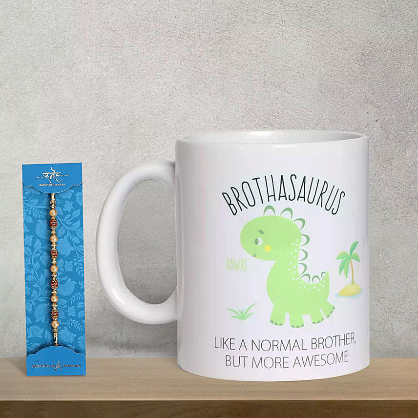 Pearl Mauli Rakhi With Brothasauras Mug: Rakhi With Mugs 