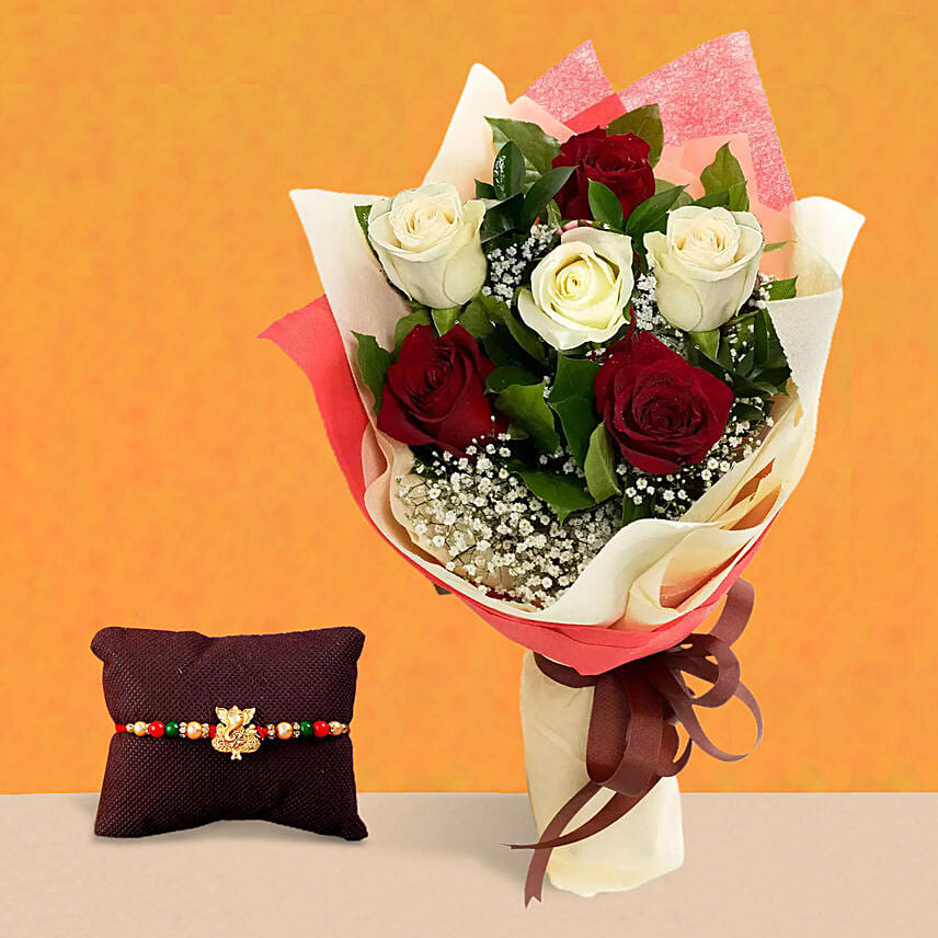 Rakhi With Red n White Roses: Rakhi With Flowers 