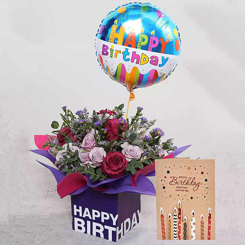 Birthday Balloon Flower and Card Combo: Flowers & Greeting Cards