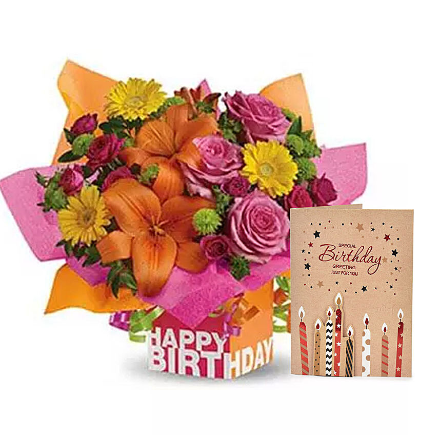 Birthday Flower Arrangement with Greeting Card: Flowers With Greeting Cards