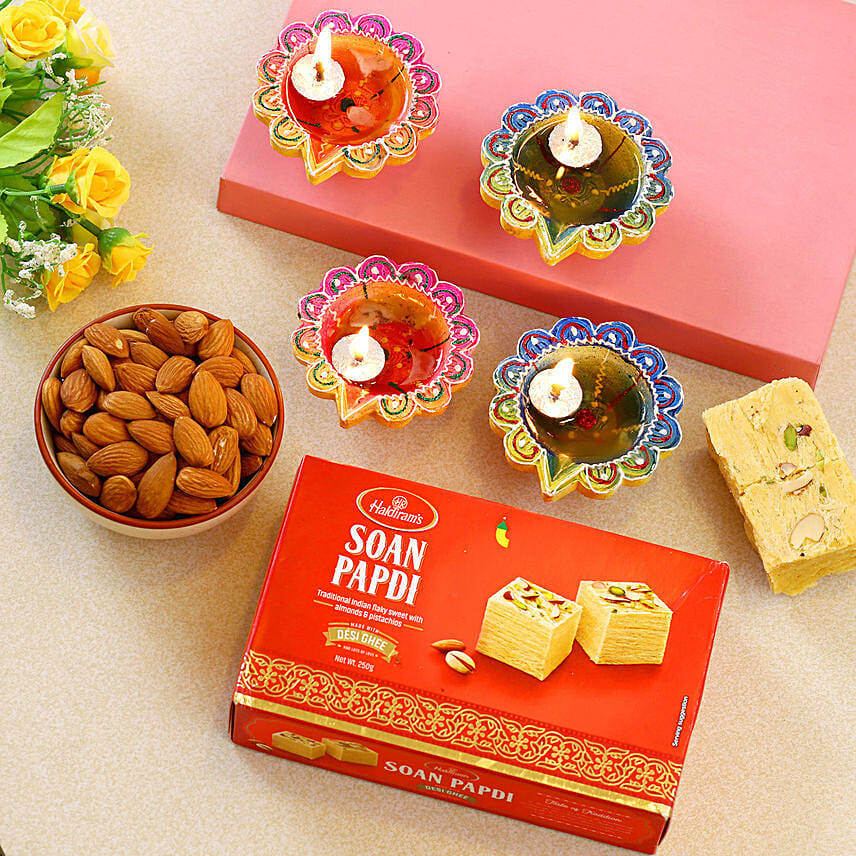 Multi Color Diyas With Soan Papdi and Almond: Diyas
