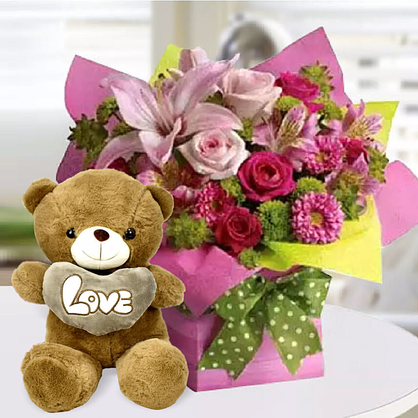 Mixed Flower Arrangement and Teddy Combo: Flowers with Friendship Day Teddy Bear